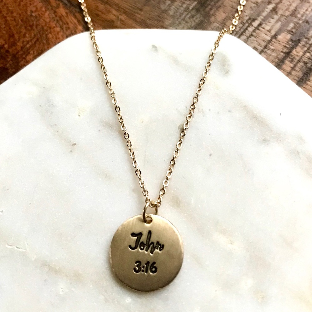 Gold Disc Necklace John 3:16 Inspirational Pendant - Picture 2 of 4